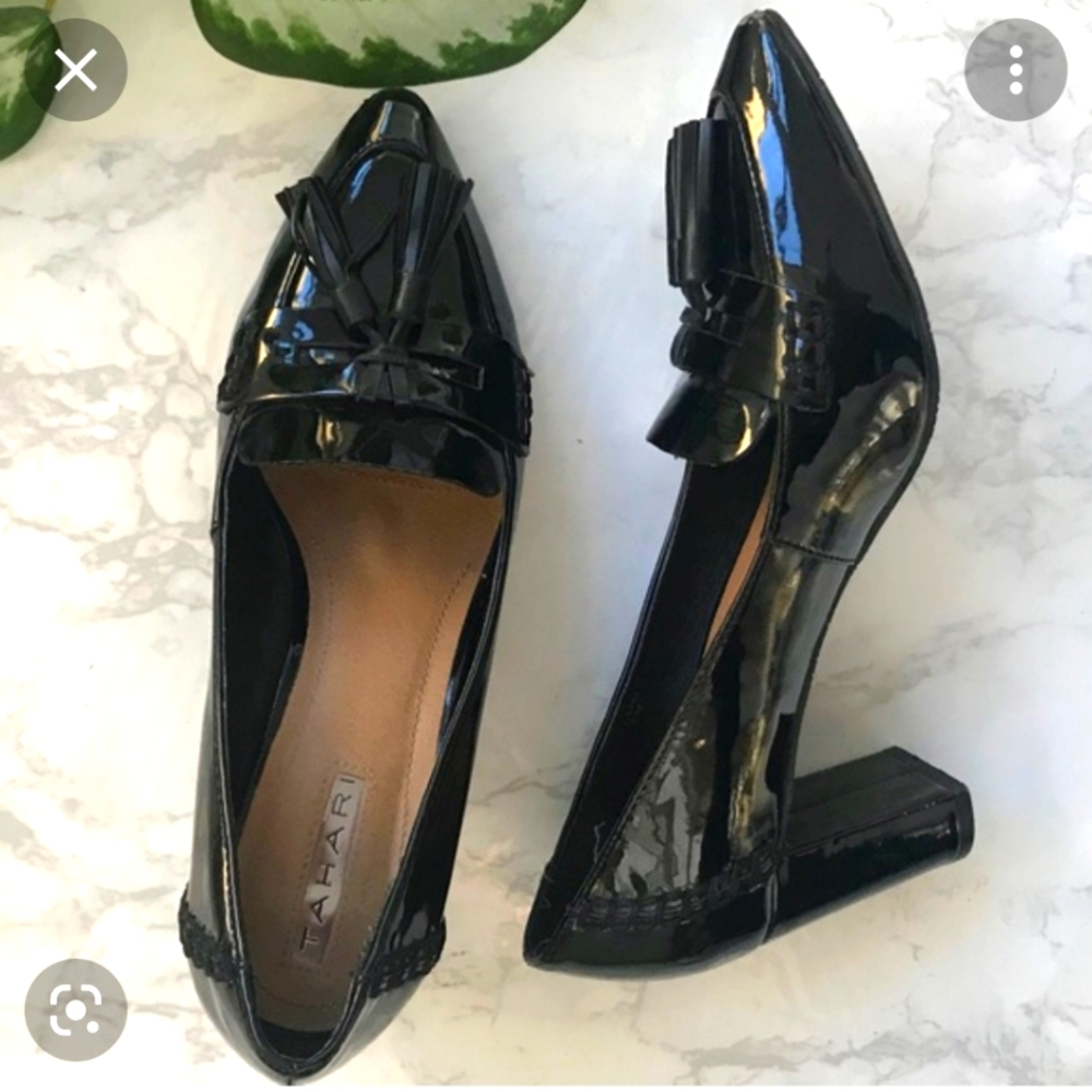 Tahari Tami patent block heel tassel pumps